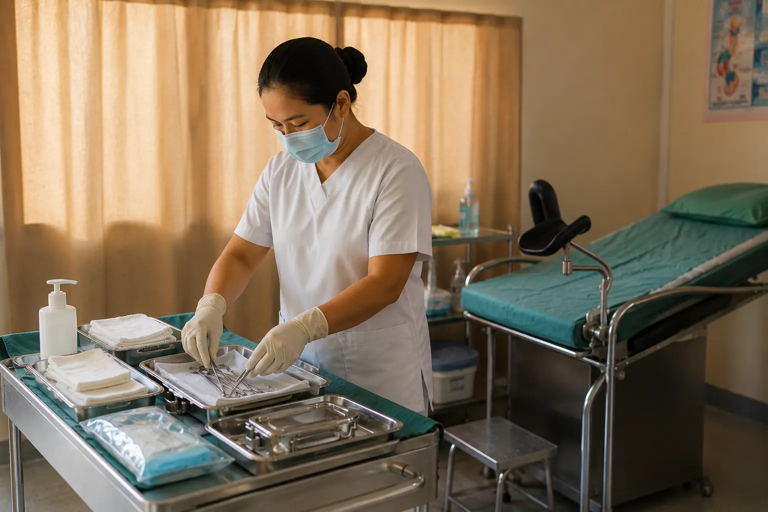 Health worker preparing a birthing room in a Philippine maternal health facility