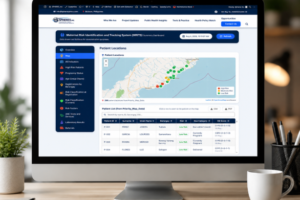 MaTRIS dashboard showing maternal risk classification and a barangay-level Client map